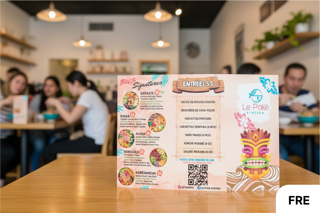 Colorful restaurant menu on a table with a blurred background of people in a cafe.