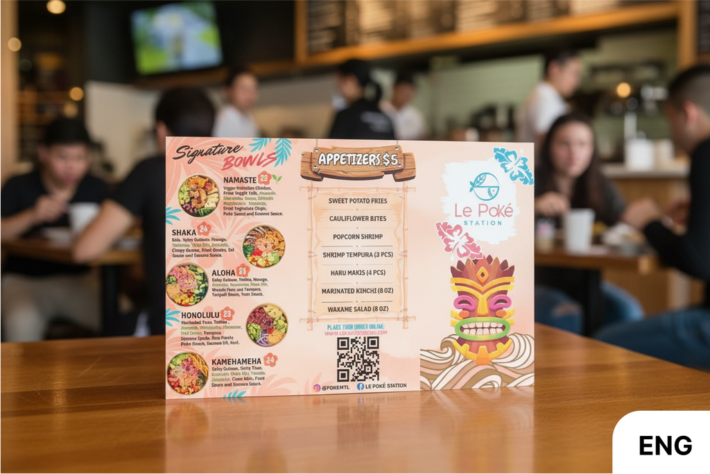 Colorful menu on a table with a blurred restaurant interior in the background
