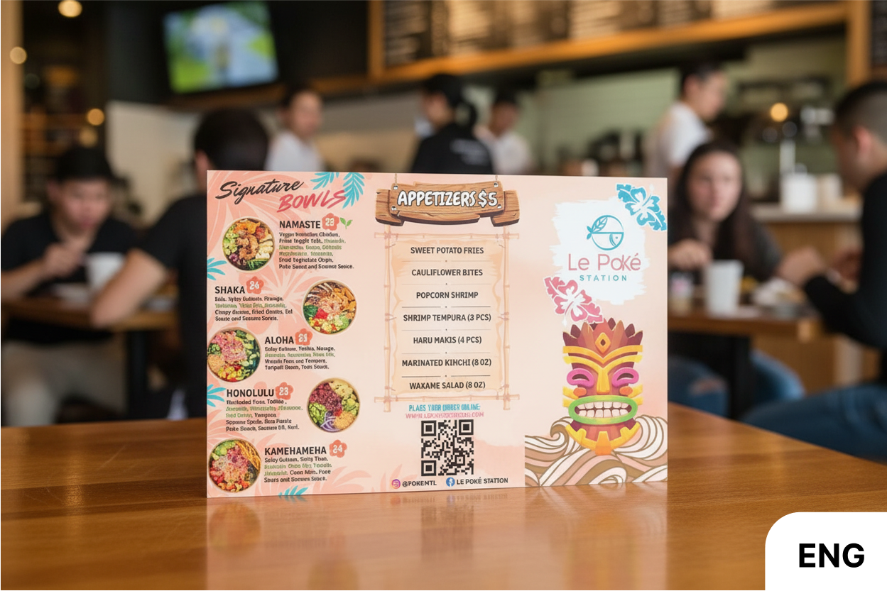 Colorful menu on a table with a blurred restaurant interior in the background
