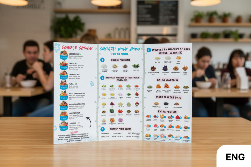 Menu board with food items and prices on a table in a restaurant setting