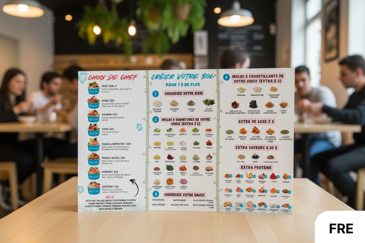 Menu displayed on a table with people in the background in a restaurant setting